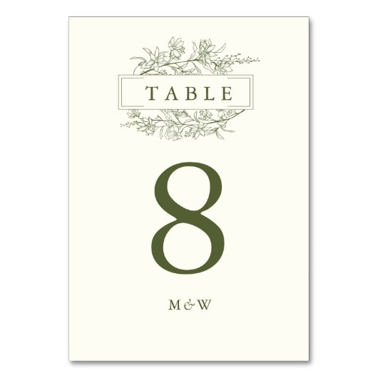 Numéro De Table Elégant Vert Ligne Art Floral Monogramme Mariage (Dos)