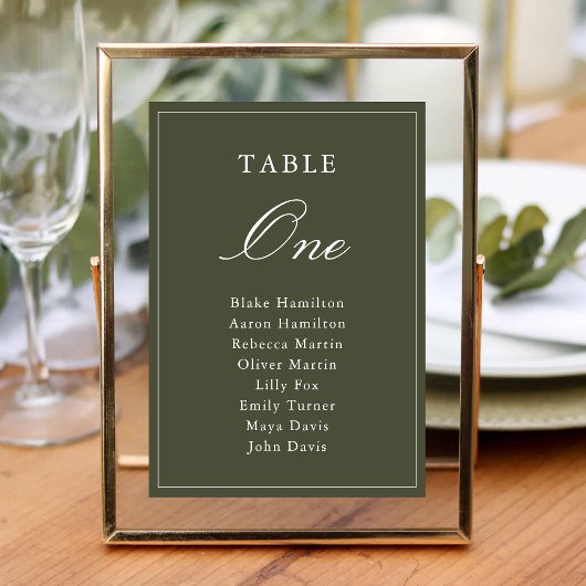 Numéro De Table Élégant Vert Poussiéreux Écriture Classique Mariag