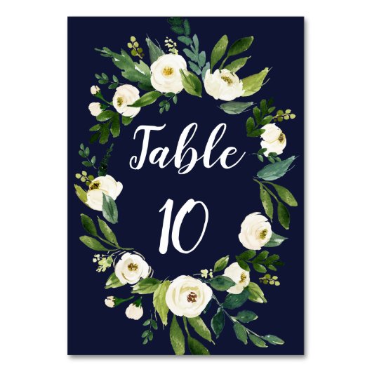 Numéro De Table Elégante aquarelle blanc Floral Wreath Navy bleu (Dos)