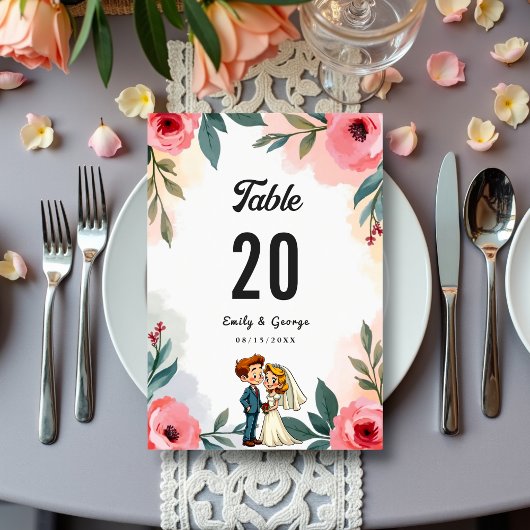 Numéro De Table Elégante aquarelle Floral Couple Mariage été