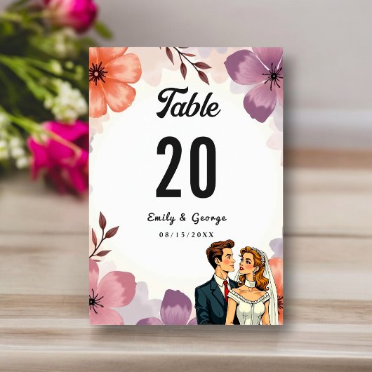 Numéro De Table Elégante aquarelle Floral Romantique Couple Mariag