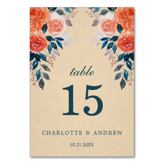 Numéro De Table Elégante aquarelle orange Rose Mariage (Dos)