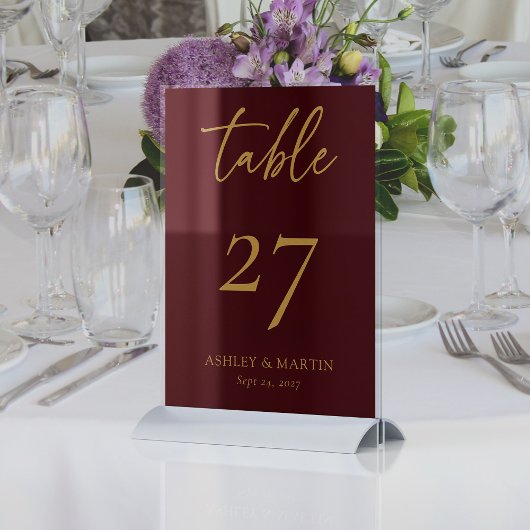 Numéro De Table Elégante Bourgogne avec Mariage personnalisé Gold