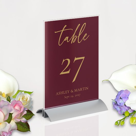 Numéro De Table Elégante Bourgogne avec Mariage personnalisé Gold