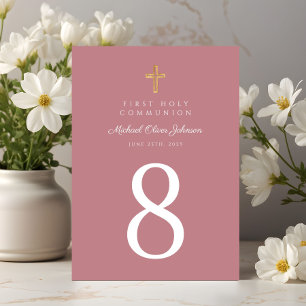 Numéro De Table Élégante Croix religieuse rose Première communion