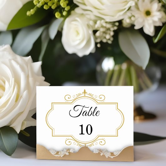 Numéro De Table Elégante Filigree or sur blanc, Mariage