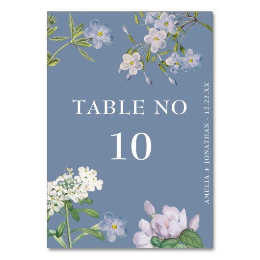 Numéro De Table Elégante Fleurs blanches Mariage bleu poussiéreux (Par défaut)