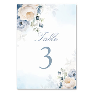 Numéro De Table Elégante Fleurs Bleues Dusty, Mariage Floral