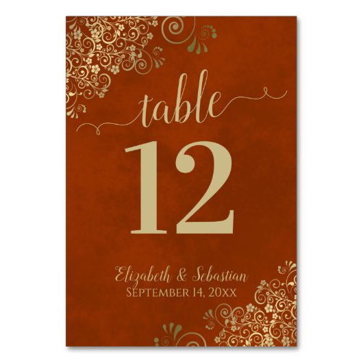 Numéro De Table Élégante Lacy Gold Calligraphie Rouille Orange Mar (Par défaut)