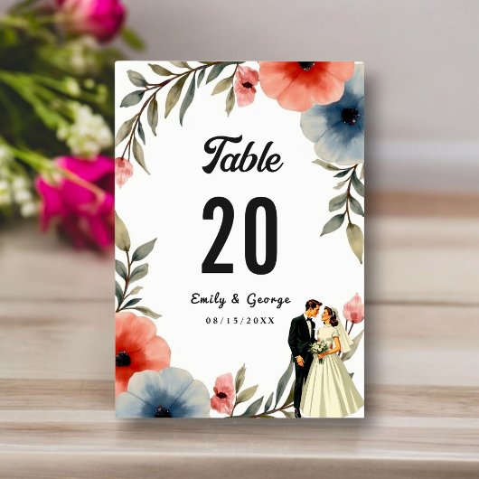 Numéro De Table Élégante Mariée Et Mariage Floral De L'Aquarelle D