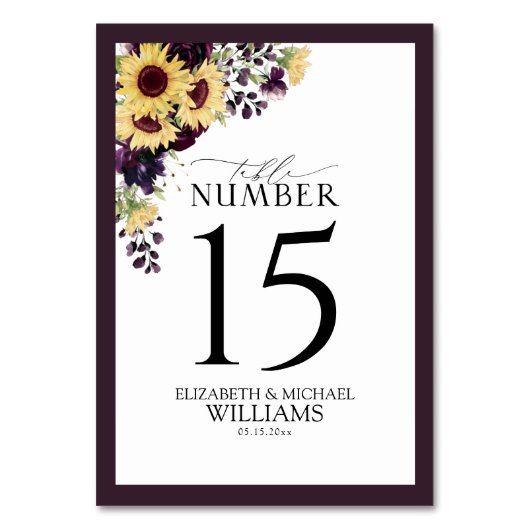 Numéro De Table Elégante Plum Purple Sunflower Aquarelle Réception (Par défaut)