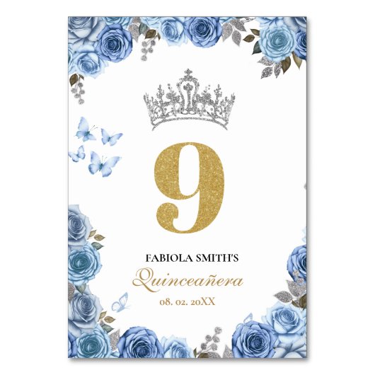 Numéro De Table Elégante quinceanera bleu et or poussiéreux (Dos)