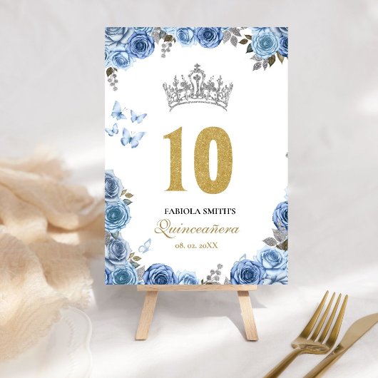 Numéro De Table Elégante quinceanera bleu et or poussiéreux