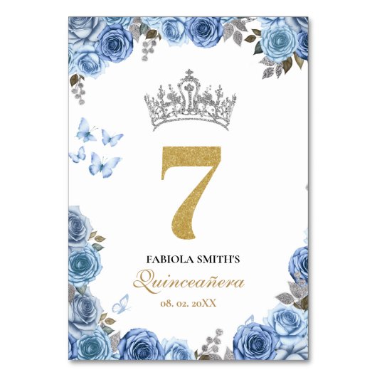 Numéro De Table Elégante quinceanera bleu et or poussiéreux (Dos)