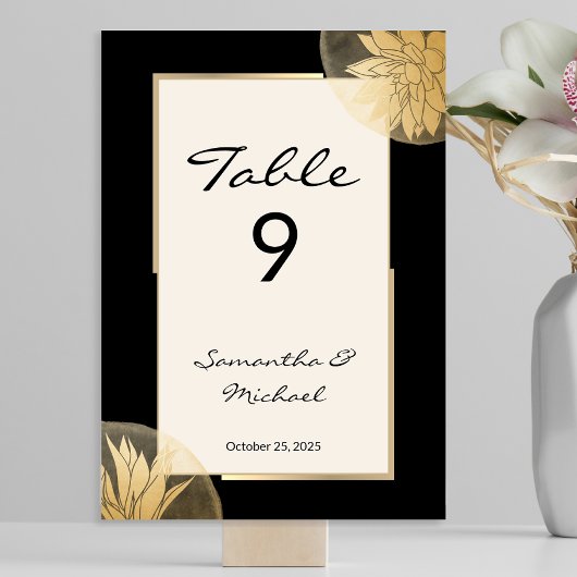 Numéro De Table Elégante Réception de mariage Floral d'or noir