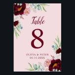 Numéro De Table Elégantes fleurs d'aquarelle rose marsala bordeaux<br><div class="desc">Cette carte numéro Table présente de grandes pivoines et des roses dans les tons bordeaux, rose avec une belle végétation d'eucalyptus sur un arrière - plan rose clair. Vous pouvez modifier les numéros et les détails dans le menu "Modifier la conception". Il s'agit d'une suite mariage correspondante qui peut être...</div>