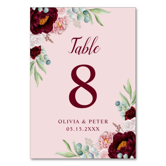 Numéro De Table Elégantes fleurs d'aquarelle rose marsala bordeaux (Par défaut)