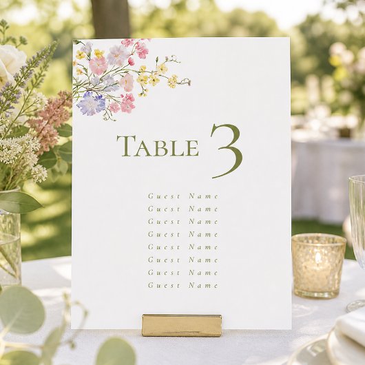 Numéro De Table Élégantes Fleurs Sauvages Écriture Mariage Vert