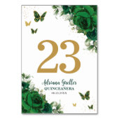 Numéro De Table Élégantes papillons dorés à fleurs vert émeraude (Dos)