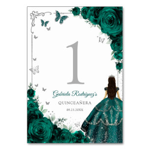 Numéro De Table Élégantes Roses Vert Emeraude Quinceanera Argentée
