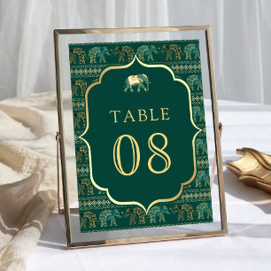 Numéro De Table Éléphant indien émeraude et or pour mariage