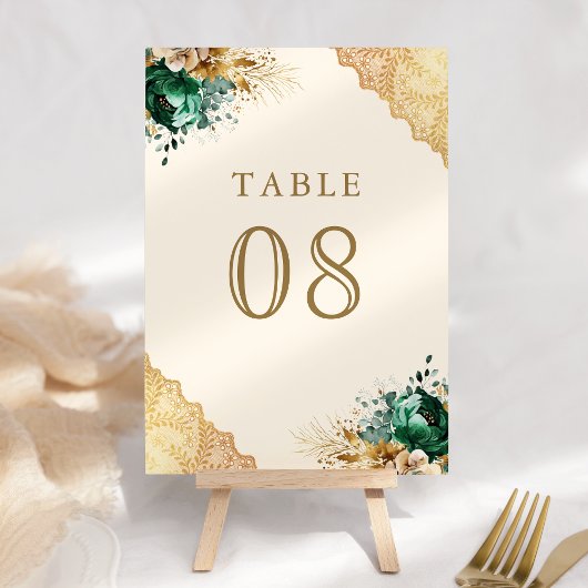 Numéro De Table Emerald Floral Gold Lace Mariage