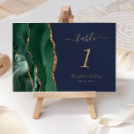 Numéro De Table Emerald Green Gold Agate Mariage bleu marine<br><div class="desc">Le bord gauche de cette élégante carte de numéro de table mariage moderne comporte une bordure en aquarelle vert émeraude,  ornée d'une parties scintillant en faux or. Le texte personnalisable combine écriture manuscrite dorée,  italique et cuivre sur un arrière - plan bleu marine.</div>