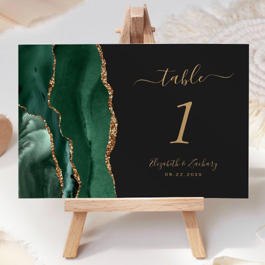 Numéro De Table Emerald Green Gold Agate Mariage foncé