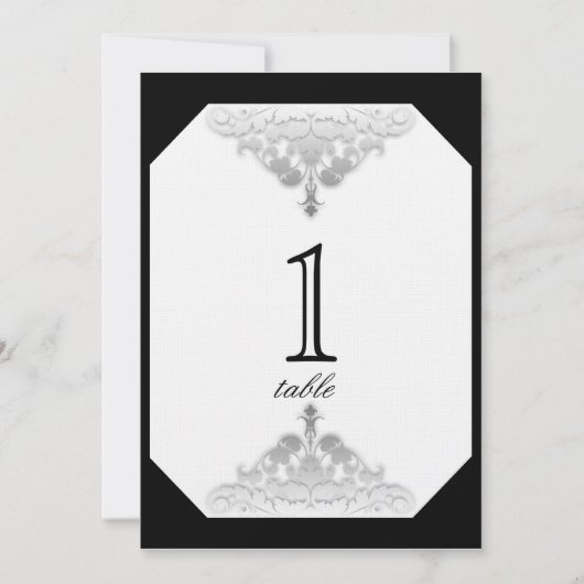 Numéro de table en Damas blanc noir et argenté (Devant)