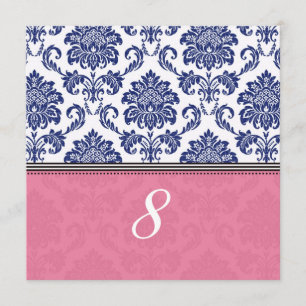 Numéro de table en damas bleu royal et rose