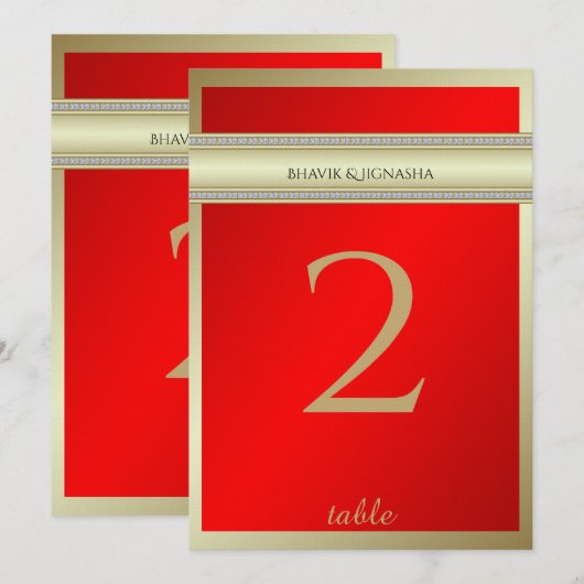 Numéro de table en damas indien rouge et or (Devant / Derrière)