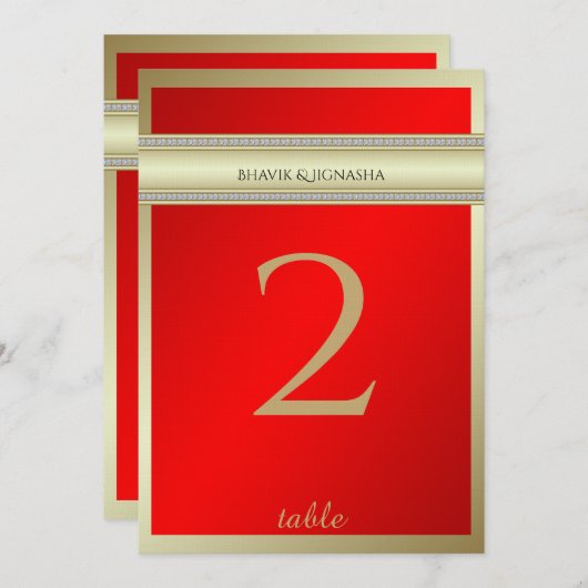 Numéro de table en damassé indien rouge et or (Devant / Derrière)