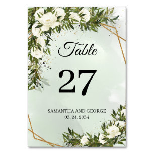 Numéro De Table Encadré doré vert profond feuillage olivier blanc