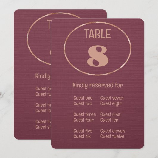 Numéro de table et carte de placement en or rose D (Devant / Derrière)