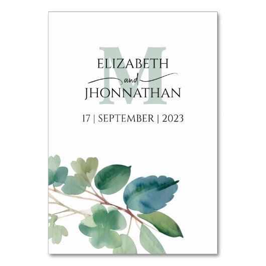 Numéro De Table Eucalyptus Aquarelle Script Mariage Monogramme (Dos)