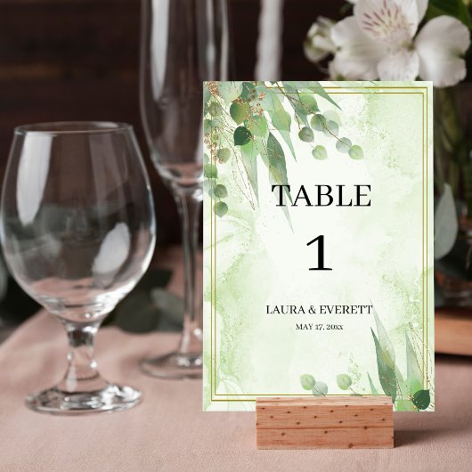 Numéro De Table Eucalyptus Cadre Vert Or Feuillage Aquarelle