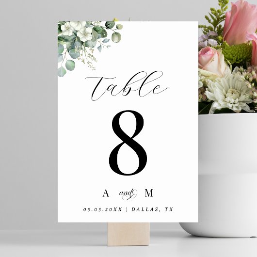 Numéro De Table Eucalyptus Floral & Monogramme Elégant Mariage bla