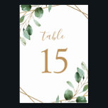 Numéro De Table Eucalyptus Géométrique Or Mariage vert<br><div class="desc">Conçue pour coordonner avec notre collection Moody Greenery mariage, cette carte personnalisable de numéros de table comporte des feuilles d'eucalyptus vert sauge à l'aquarelle accentués d'un cadre géométrique doré et jumelée à un script élégant et une police serif élégante en or. Pour effectuer des modifications avancées, accédez à l'option "Cliquez...</div>