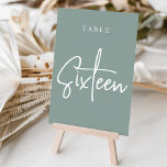 Numéro De Table Eucalyptus Green Main Script Table SIXTEN<br><div class="desc">Des cartes numériques simples et chic dans Eucalyptus Green et white font une déclaration élégante à votre mariage ou événement. Le design comporte "table [nombre]" dans un mélange de sérigraphie classique et de lettres manuscrites. Le design se répète de part et d'autre. Cartes numérotées individuellement vendues séparément; commandez chaque numéro...</div>