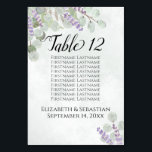 Numéro De Table Eucalyptus & Lavender Rustic Mariage Sièges Graphi<br><div class="desc">Ces belles cartes de numéro de table mariage comprennent une liste de 10 noms pour faciliter la recherche de sièges par vos invités. Le design présente un élégant style boho chic avec des ressorts d'aquarelle peints à la main rustiques de feuilles d'eucalyptus et de fleurs de lavande dans les tons...</div>