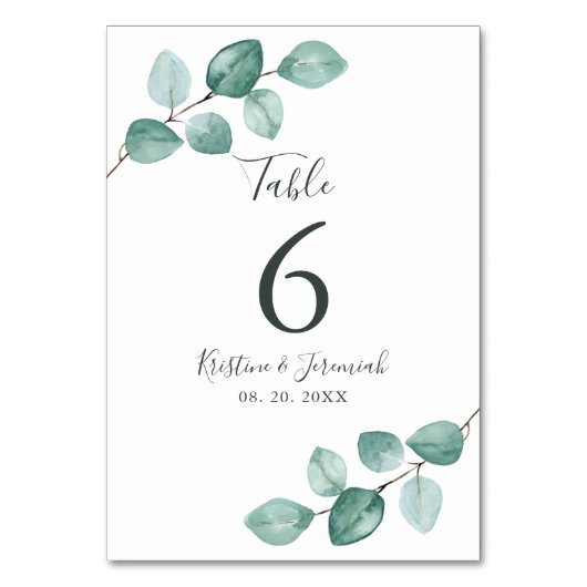 Numéro De Table Eucalyptus moderne Aquarelle Mariage de script noi (Dos)