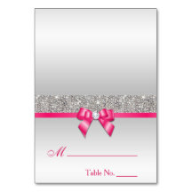 Faux Silver Sequits Hot Rose Bow Place Card