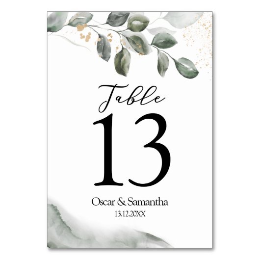 Numéro De Table Feuille d'aquarelle verte douce | Poussière d'or (Dos)
