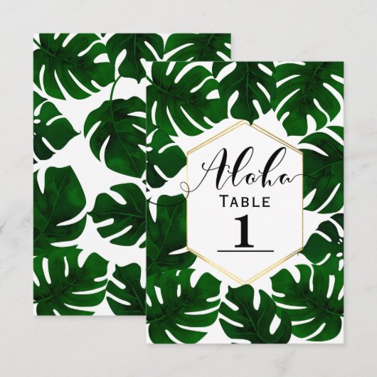 Numéro de table feuilles tropicales vert foncé or (Devant / Derrière)