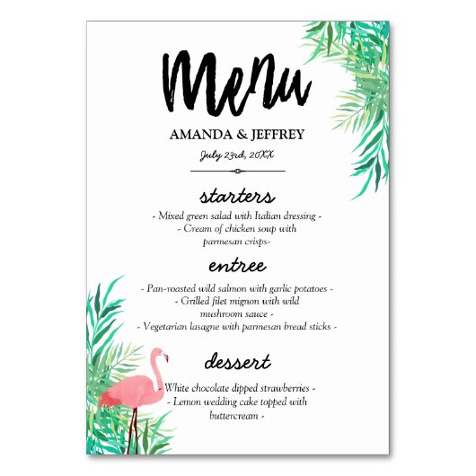 Numéro De Table Flamant rose d'aquarelle et Palm Feuille Menu Mari (Dos)