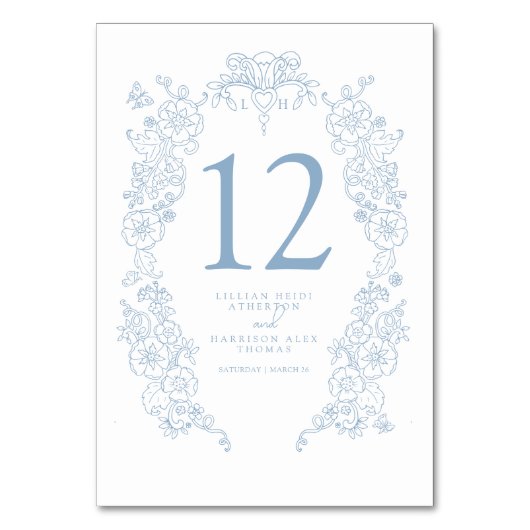 Numéro De Table Fleur de lis mariage bleu poussiéreux art blanc (Dos)