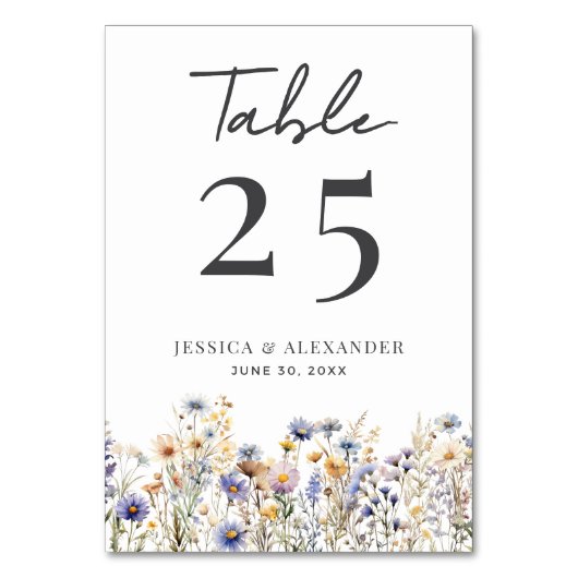 Numéro De Table Fleur sauvage bleu foncé Script Mariage élégant (Dos)