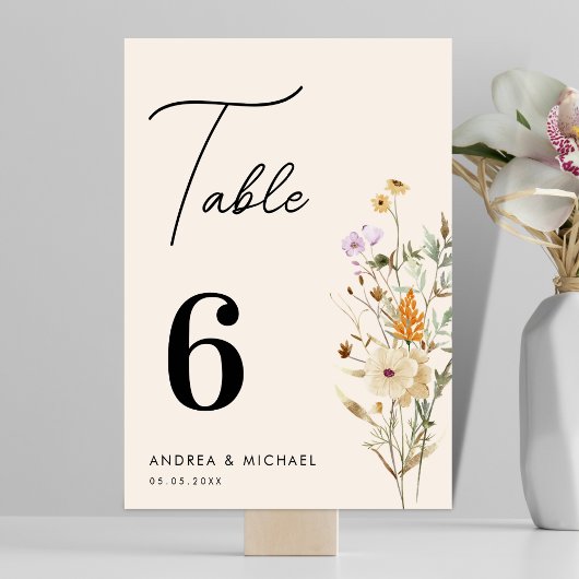 Numéro De Table Fleur sauvage rustique Script Boho Mariage