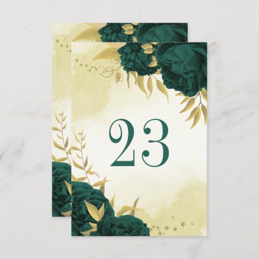 Numéro de table fleurie en or vert émeraude (Devant / Derrière)