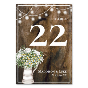 Numéro De Table Fleurs blanches en bois rustique Chaîne de lumière
